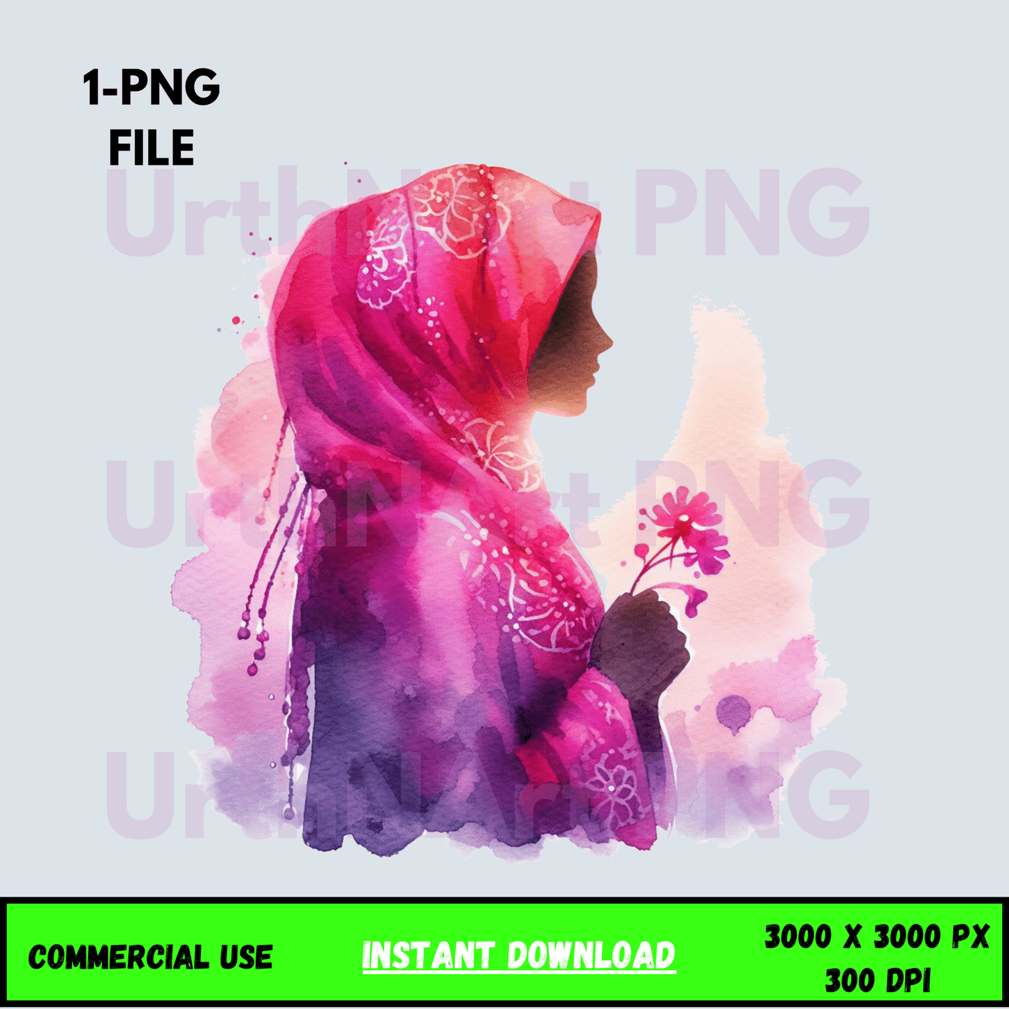 Digital Art Illustration: African, Watercolor, Modesty, Feminine, Silhouette, Black, Muslim Women - UrthNart