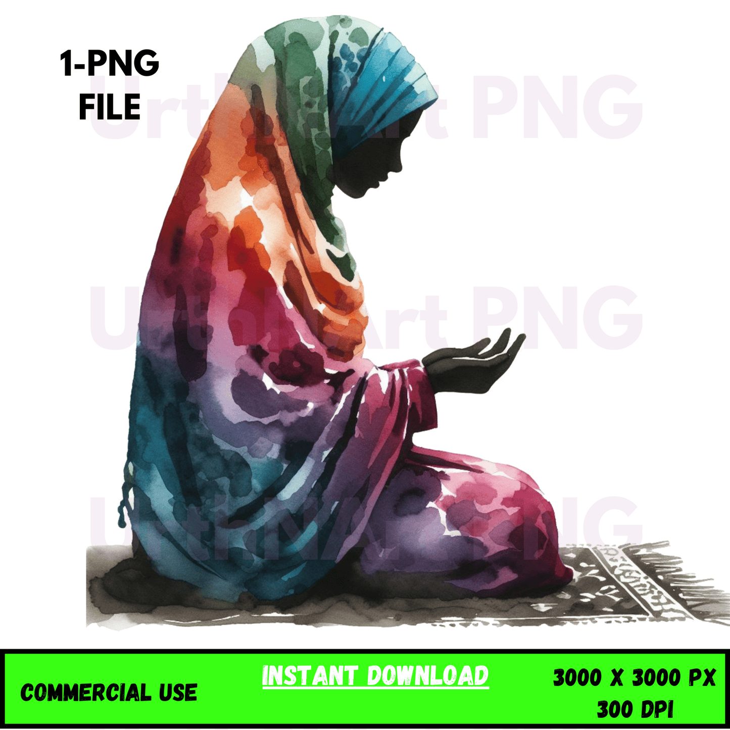 Digital Art Illustration: Afro, BOHO, Prayer, Meditation, Feminine, Silhouette, Black, Muslim Woman - UrthNart