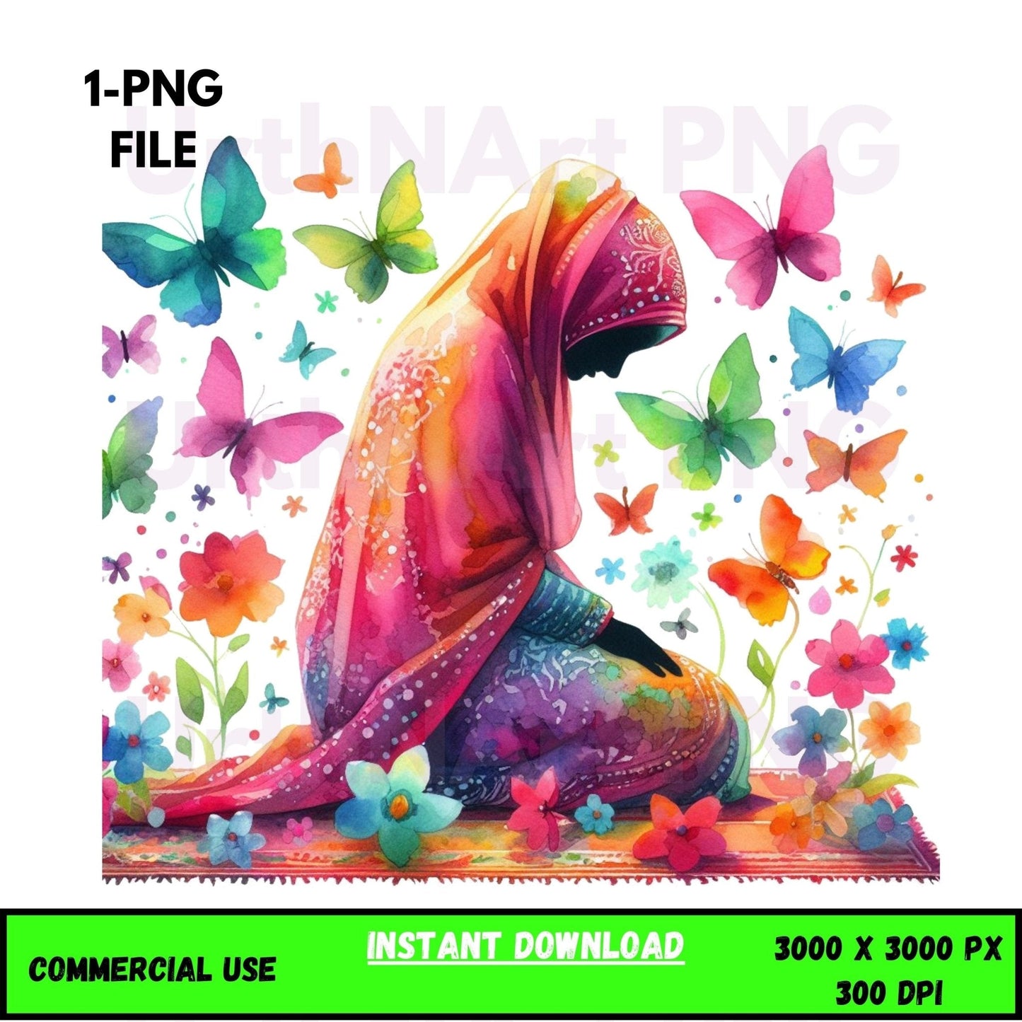 Digital Art Illustration – Muslim Woman and Butterfies PNG - UrthNart
