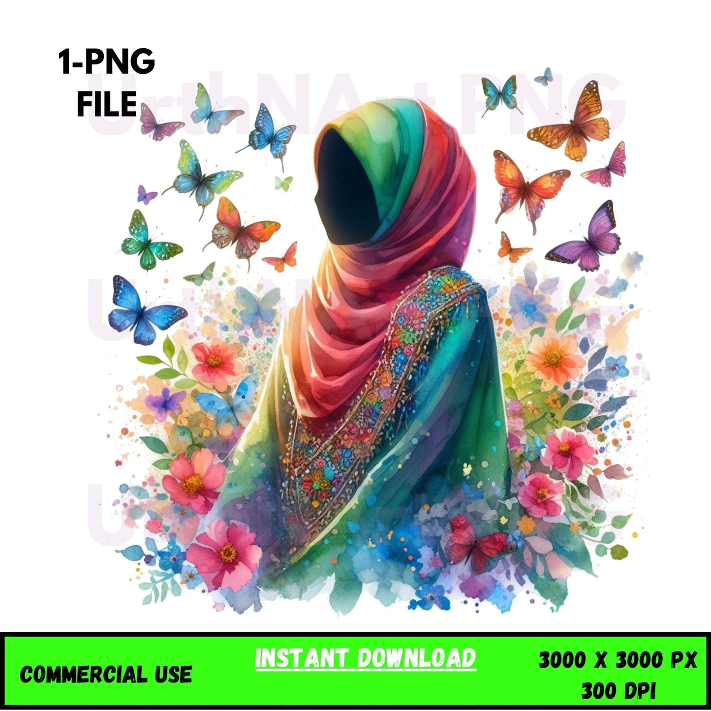 Digital Art Illustration – Muslim Woman and Butterfies PNG | The Beauty of Modesty Collection - UrthNart