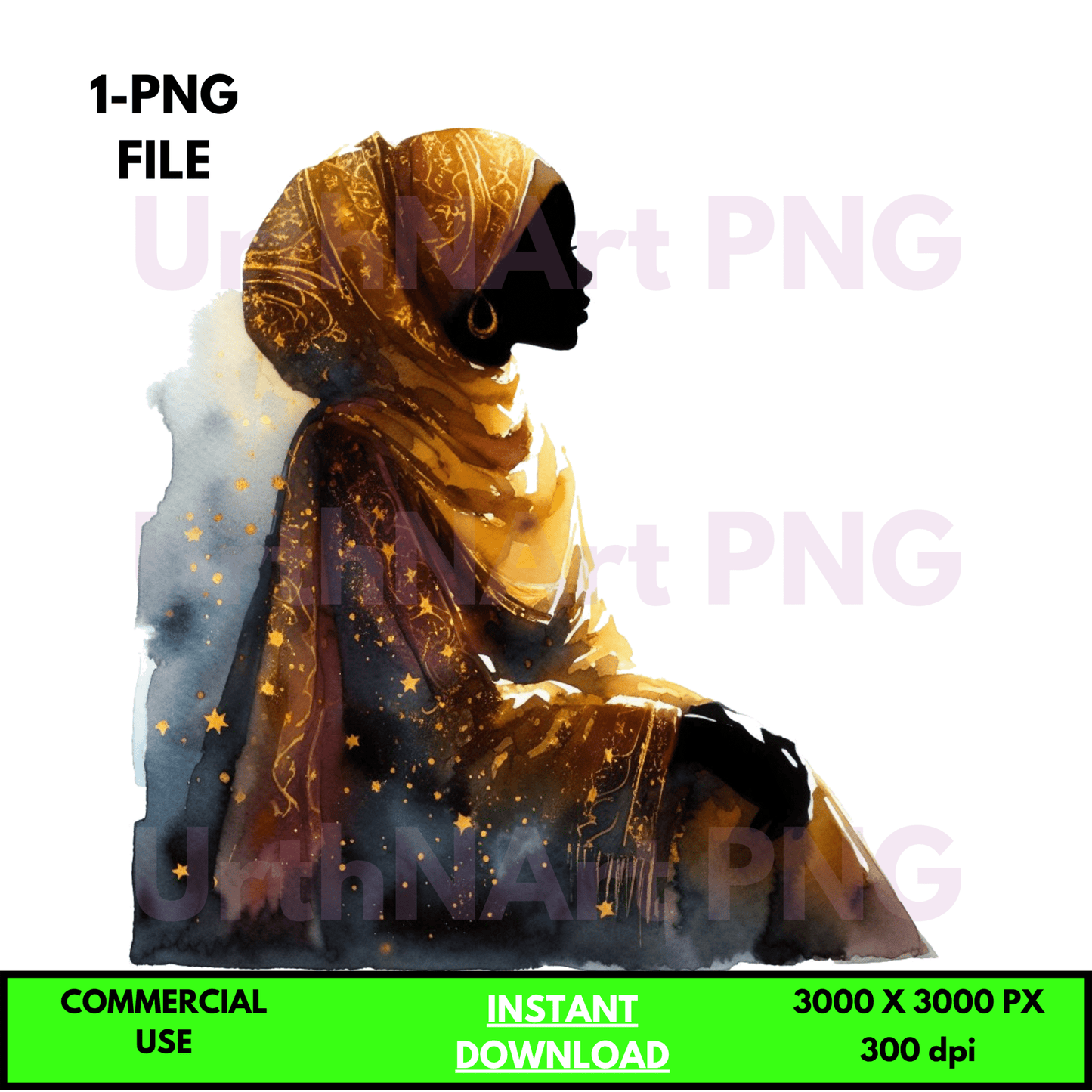 Digital Art Illustration: Praying Woman, Watercolor, Modesty, Feminine, Silhouette, African, African - American, Muslim Woman - UrthNart