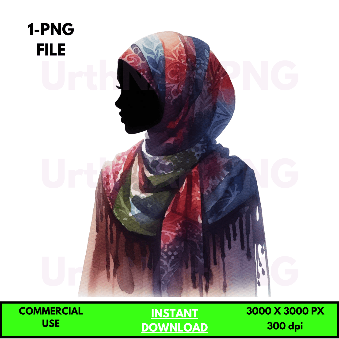 Digital Art Illustration: Praying Woman, Watercolor, Modesty, Feminine, Silhouette, African, African - American, Muslim Woman - UrthNart