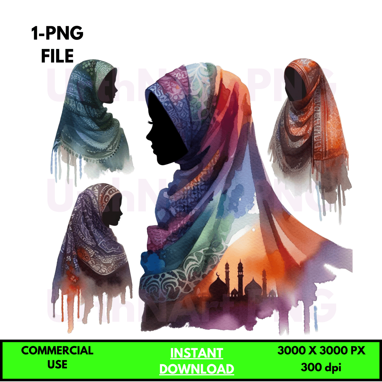 Digital Art Illustration: Watercolor, Modest Women, Feminine, Silhouette, Mosque, African, African - American, Muslim Woman - UrthNart