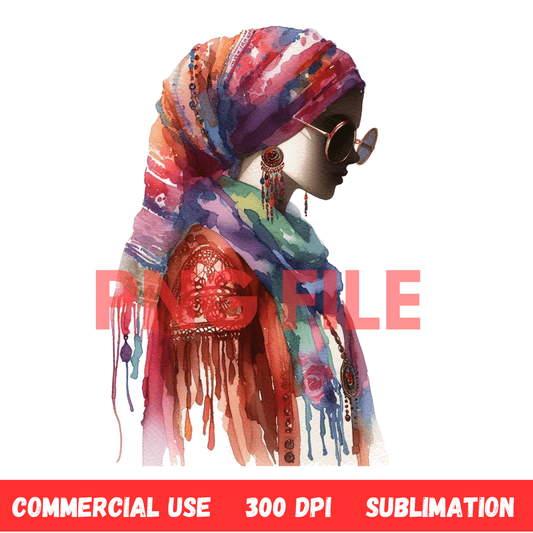 Bohemian - Inspired Digital Art Illustration: BOHO, Muslim, Feminine, Watercolor, Ethnic - UrthNart