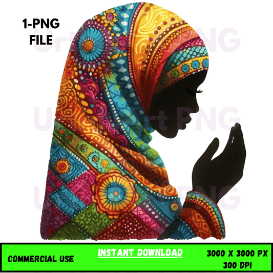 Digital Art Illustration: Afro, BOHO, Prayer, Meditation, Feminine, Silhouette, Black, Muslim Woman - UrthNart
