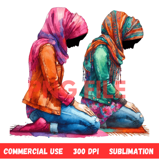Digital Art Illustration: Afro, BOHO, Prayer, Meditation, Feminine, Silhouette, Black, Muslim Woman - UrthNart