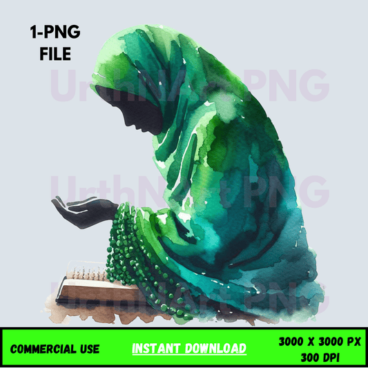 Digital Art Illustration: Afro, BOHO, Prayer, Meditation, Feminine, Silhouette, Black, Muslim Woman - UrthNart