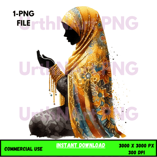 Digital Art Illustration: Afro, BOHO, Prayer, Meditation, Feminine, Silhouette, Black, Muslim Woman - UrthNart
