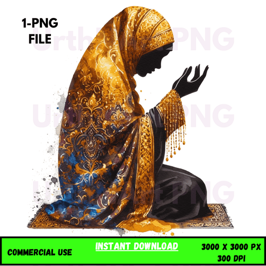 Digital Art Illustration: Afro, BOHO, Prayer, Meditation, Feminine, Silhouette, Black, Muslim Woman - UrthNart