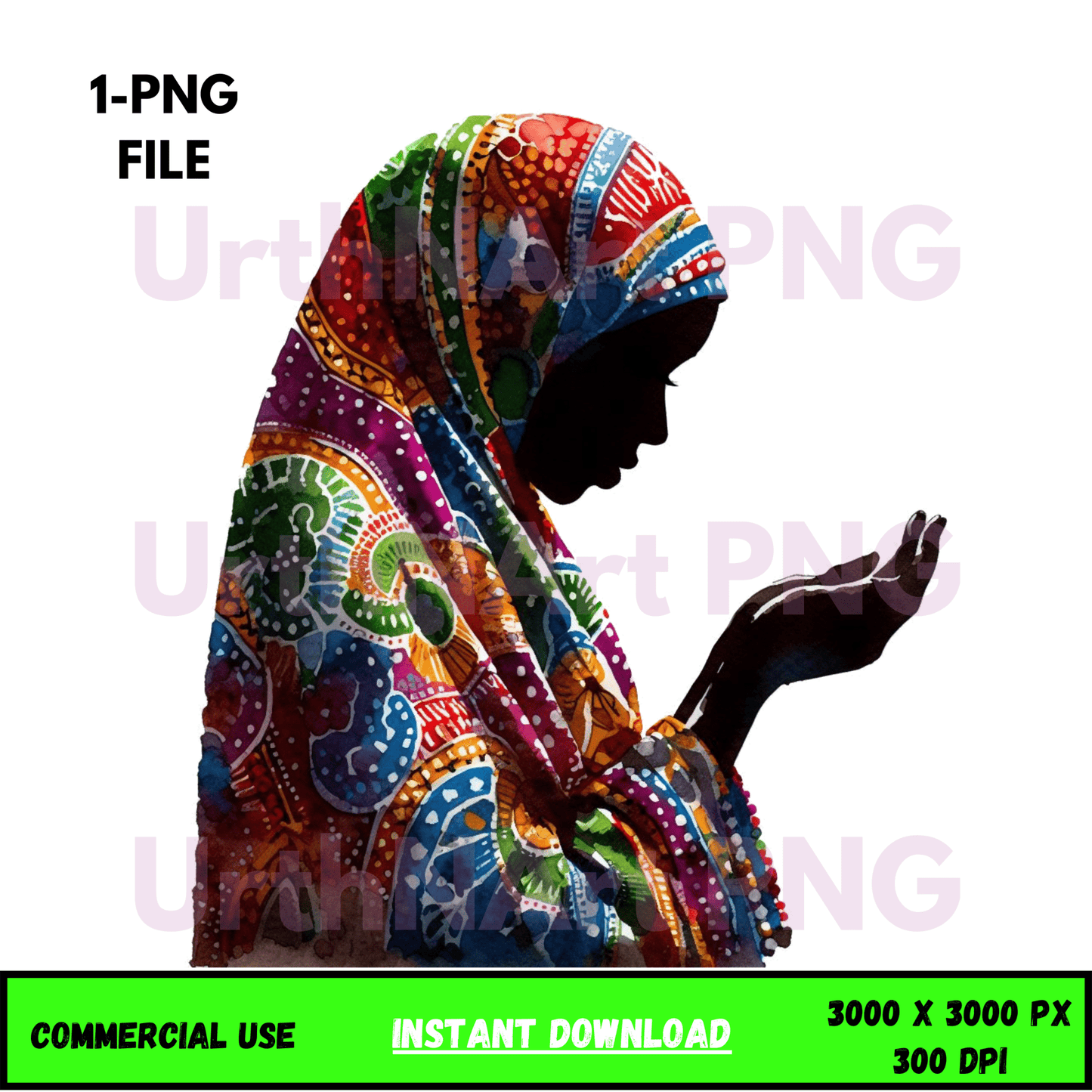 Digital Art Illustration: Afro, BOHO, Prayer, Meditation, Feminine, Silhouette, Black, Muslim Woman - UrthNart