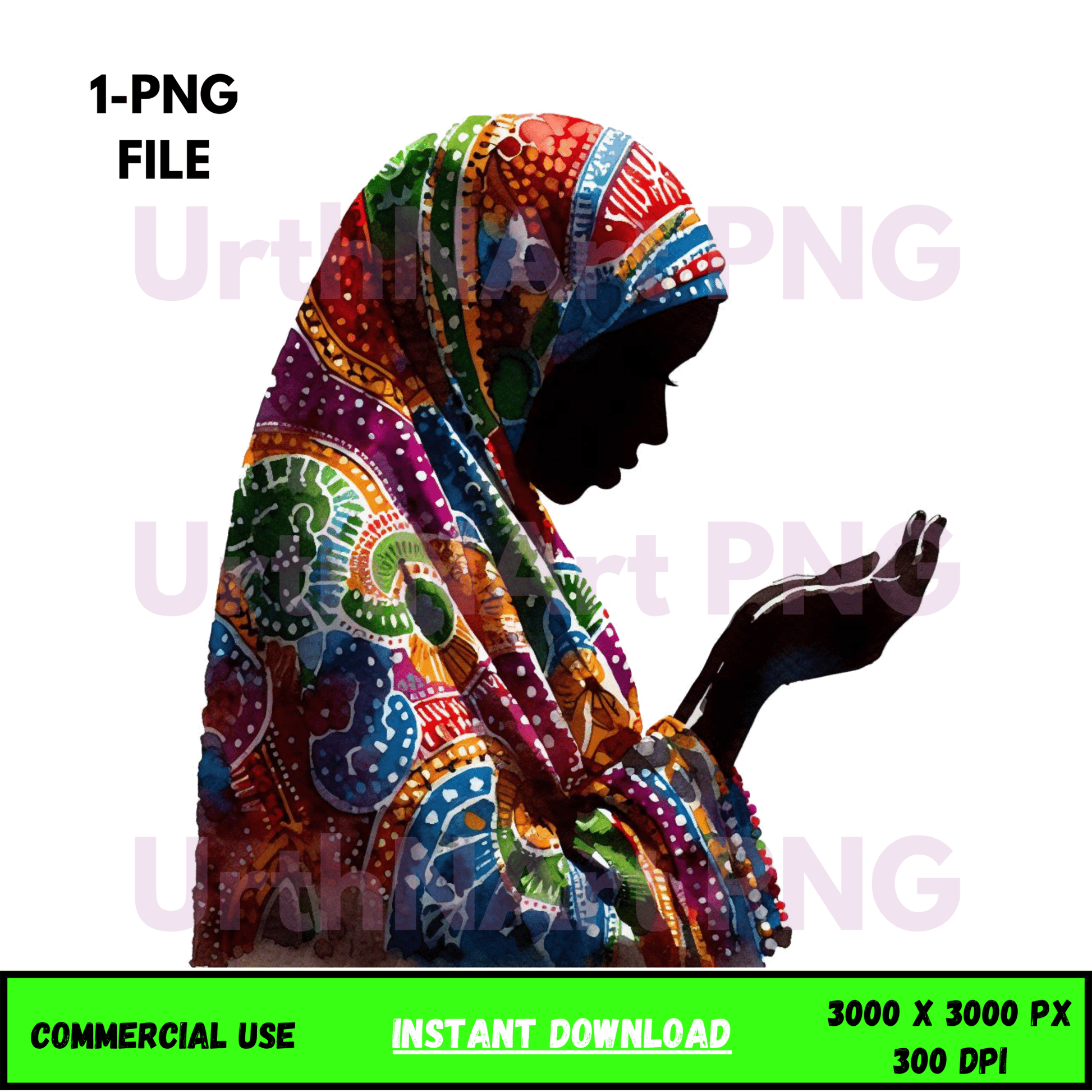 Digital Art Illustration: Afro, BOHO, Prayer, Meditation, Feminine, Silhouette, Black, Muslim Woman - UrthNart