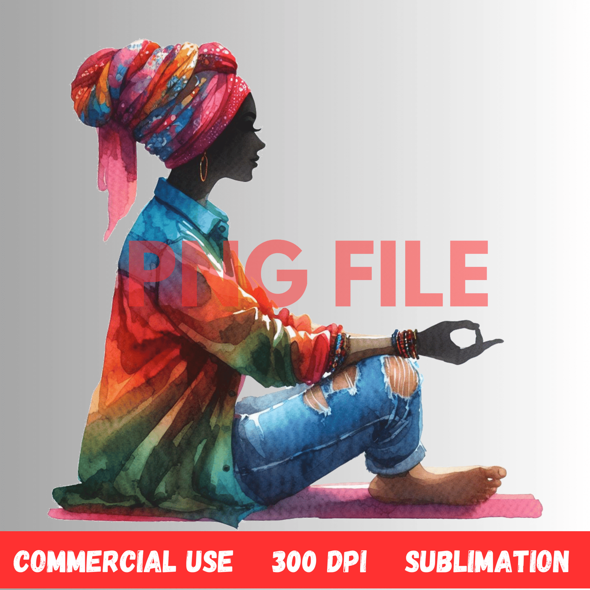 Digital Art Illustration: Afro, BOHO, Prayer, Meditation, Feminine, Silhouette, Black, Muslim Woman - UrthNart