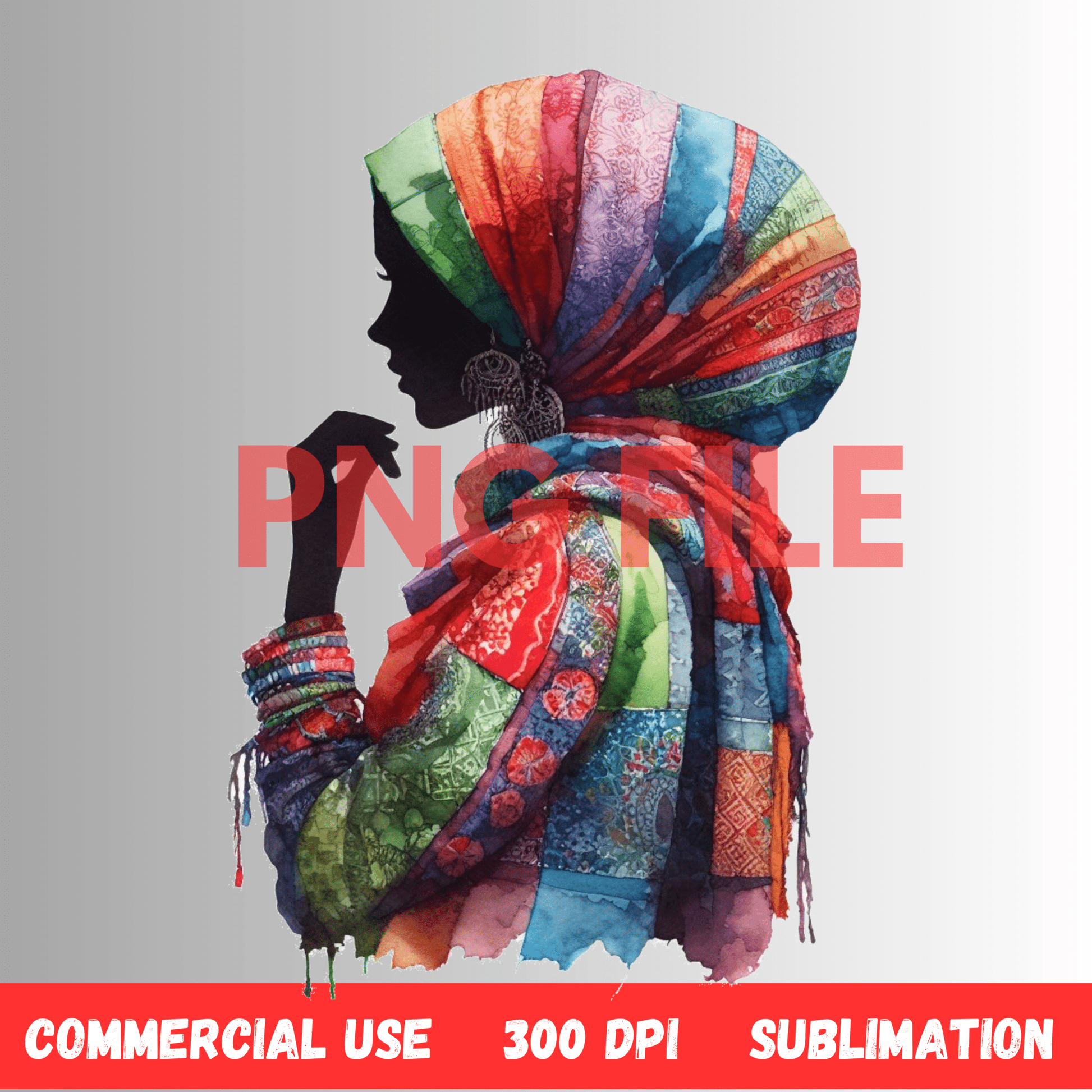 Digital Art Illustration: Afro, BOHO, Watercolor, Meditation, Feminine, Silhouette, Black, Muslim Woman - UrthNart