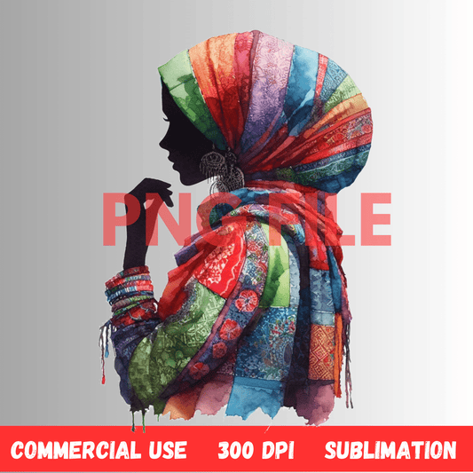 Digital Art Illustration: Afro, BOHO, Watercolor, Meditation, Feminine, Silhouette, Black, Muslim Woman - UrthNart