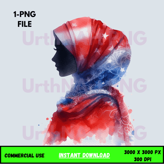 Digital Art Illustration: American Muslim, Watercolor, Modesty, Feminine, Silhouette, Muslim Woman - UrthNart
