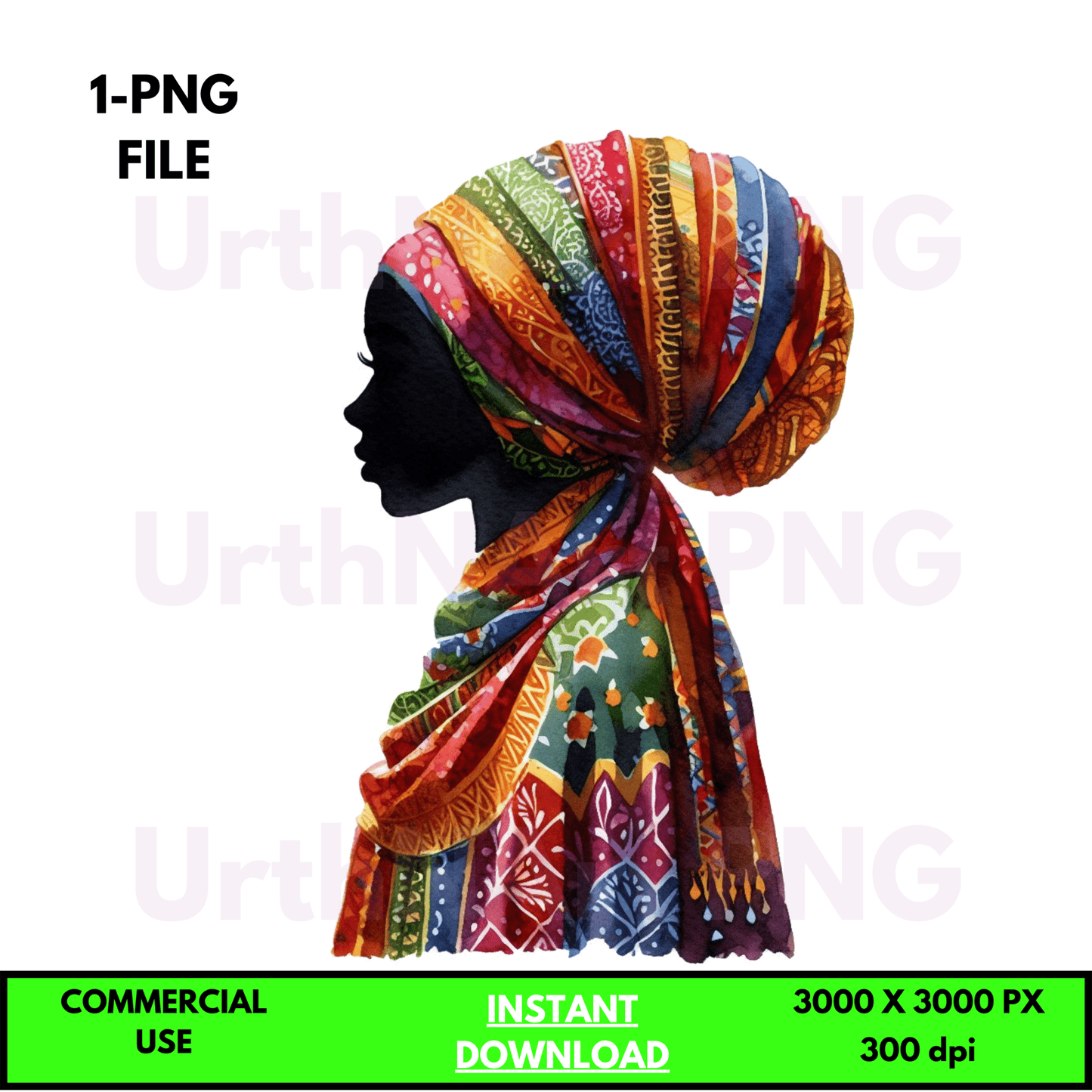 Digital Art Illustration: BOHO, Watercolor, Modesty, Feminine, Silhouette, African, African - American, Muslim Woman - UrthNart