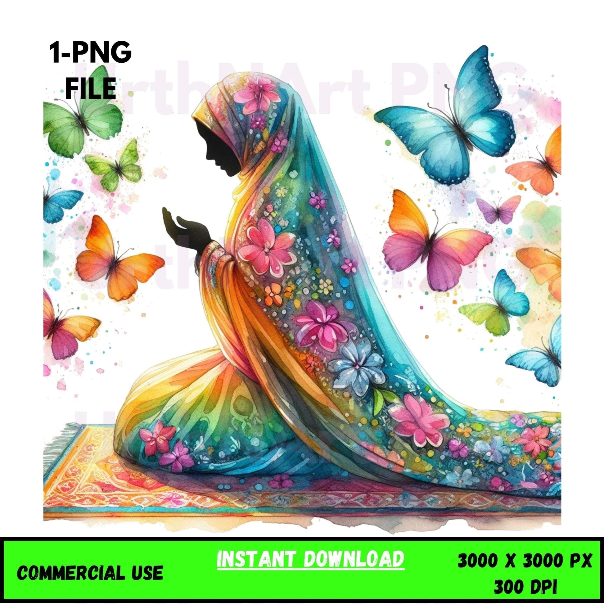 Digital Art Illustration – Muslim Woman and Butterfies PNG - UrthNart