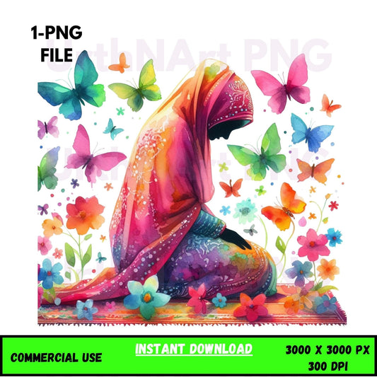 Digital Art Illustration – Muslim Woman and Butterfies PNG - UrthNart
