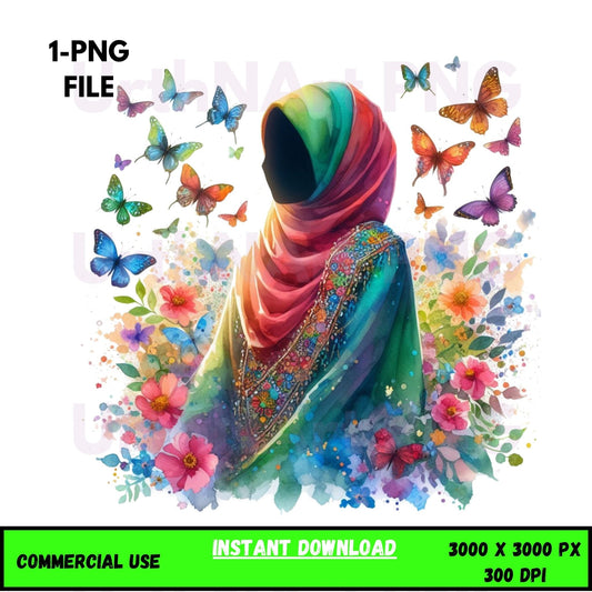 Digital Art Illustration – Muslim Woman and Butterfies PNG | The Beauty of Modesty Collection - UrthNart