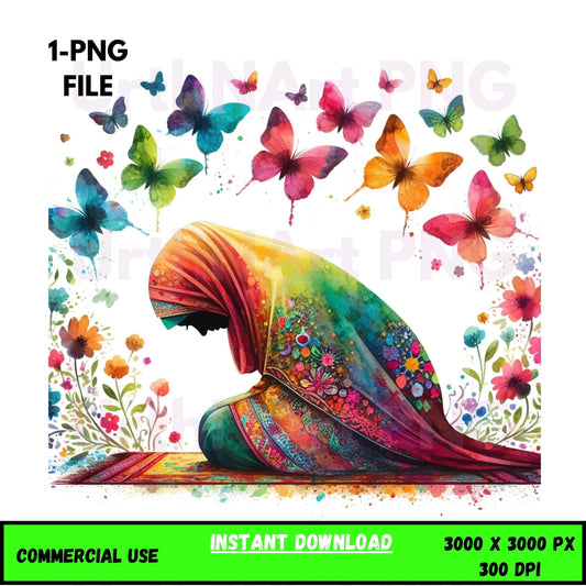 Digital Art Illustration – Muslim Woman and Butterfies PNG | The Beauty of Modesty Collection - UrthNart