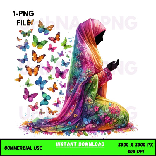 Digital Art Illustration – Muslim Woman and Butterfies PNG | The Beauty of Modesty Collection - UrthNart