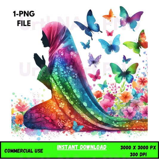 Digital Art Illustration – Muslim Woman and Butterfies PNG | The Beauty of Modesty Collection - UrthNart