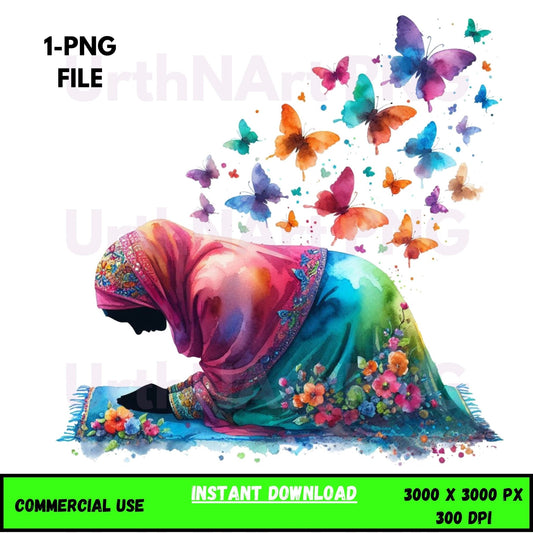 Digital Art Illustration – Muslim Woman and Butterfies PNG | The Beauty of Modesty Collection - UrthNart