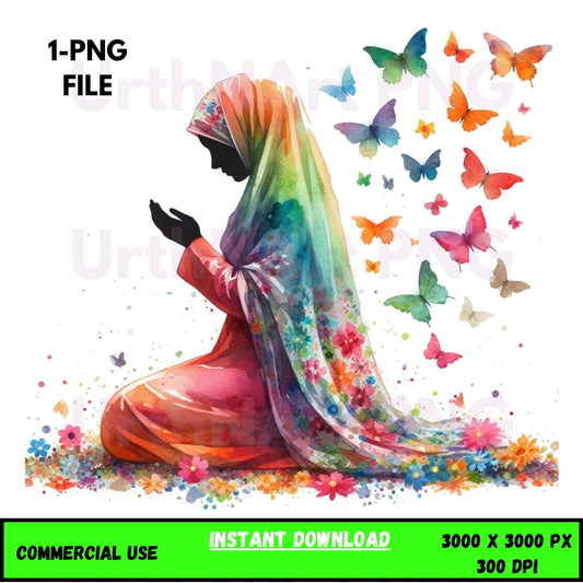 Digital Art Illustration – Muslim Woman and Butterfies PNG | The Beauty of Modesty Collection - UrthNart