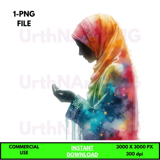 Digital Art Illustration: Praying Woman, Watercolor, Modesty, Feminine, Silhouette, African, African - American, Muslim Woman - UrthNart