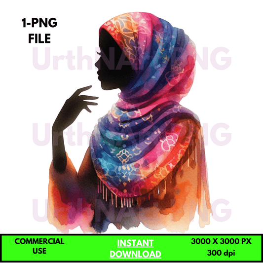 Digital Art Illustration: Praying Woman, Watercolor, Modesty, Feminine, Silhouette, African, African - American, Muslim Woman - UrthNart