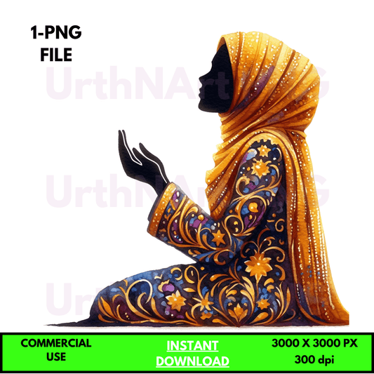 Digital Art Illustration: Praying Woman, Watercolor, Modesty, Feminine, Silhouette, African, African - American, Muslim Woman - UrthNart