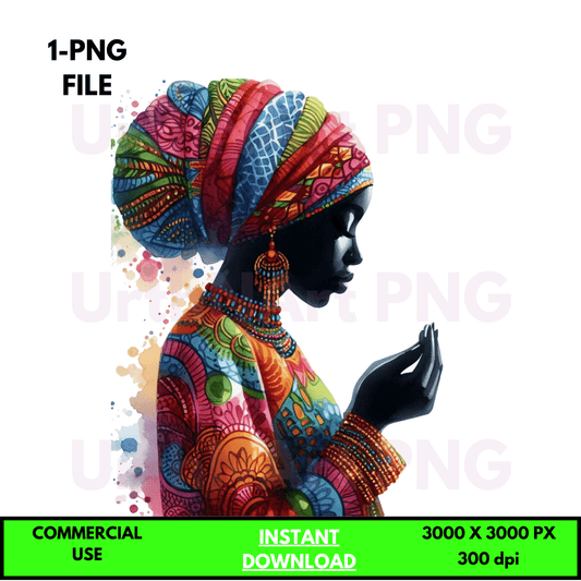 Digital Art Illustration: Praying Woman, Watercolor, Modesty, Feminine, Silhouette, African, African - American, Muslim Woman - UrthNart