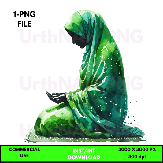 Digital Art Illustration: Praying Woman, Watercolor, Modesty, Feminine, Silhouette, African, African - American, Muslim Woman - UrthNart