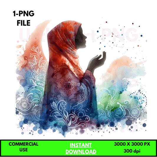 Digital Art Illustration: Praying Woman, Watercolor, Modesty, Feminine, Silhouette, African, African - American, Muslim Woman - UrthNart