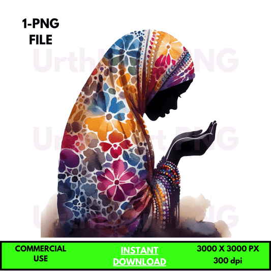 Digital Art Illustration: Praying Woman, Watercolor, Modesty, Feminine, Silhouette, African, African - American, Muslim Woman - UrthNart