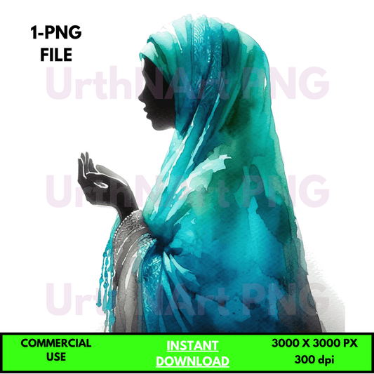 Digital Art Illustration: Praying Woman, Watercolor, Modesty, Feminine, Silhouette, African, African - American, Muslim Woman - UrthNart