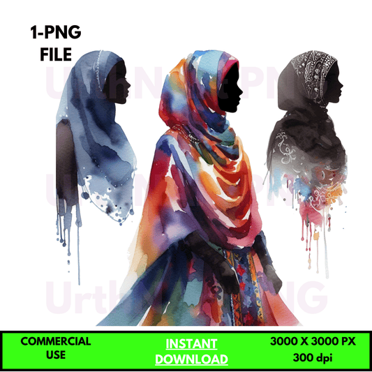 Digital Art Illustration: Watercolor, Modest Women, Feminine, Silhouette, Mosque, African, African - American, Muslim Woman - UrthNart