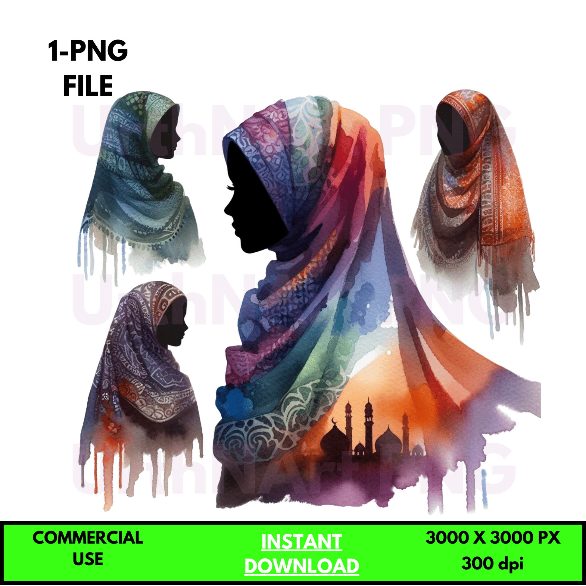 Digital Art Illustration: Watercolor, Modest Women, Feminine, Silhouette, Mosque, African, African - American, Muslim Woman - UrthNart