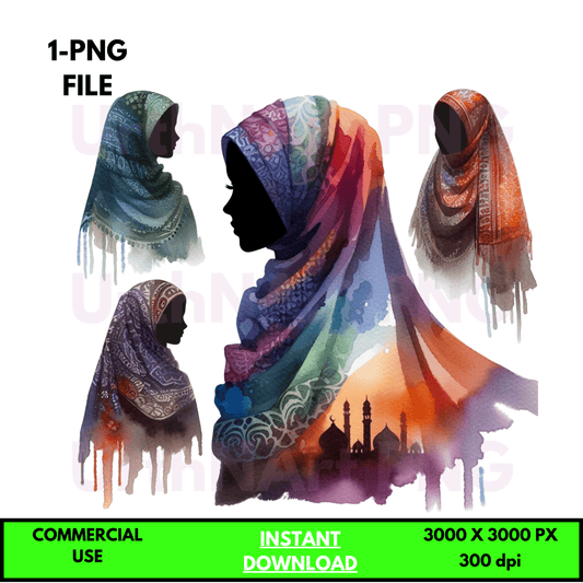 Digital Art Illustration: Watercolor, Modest Women, Feminine, Silhouette, Mosque, African, African - American, Muslim Woman - UrthNart