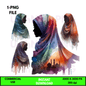 Digital Art Illustration: Watercolor, Modest Women, Feminine, Silhouette, Mosque, African, African - American, Muslim Woman - UrthNart